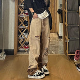 Men Jeans Ripped Jeans Men's Summer Worn Looking Washed-out Retro Straight-Leg Wide-Leg Pants